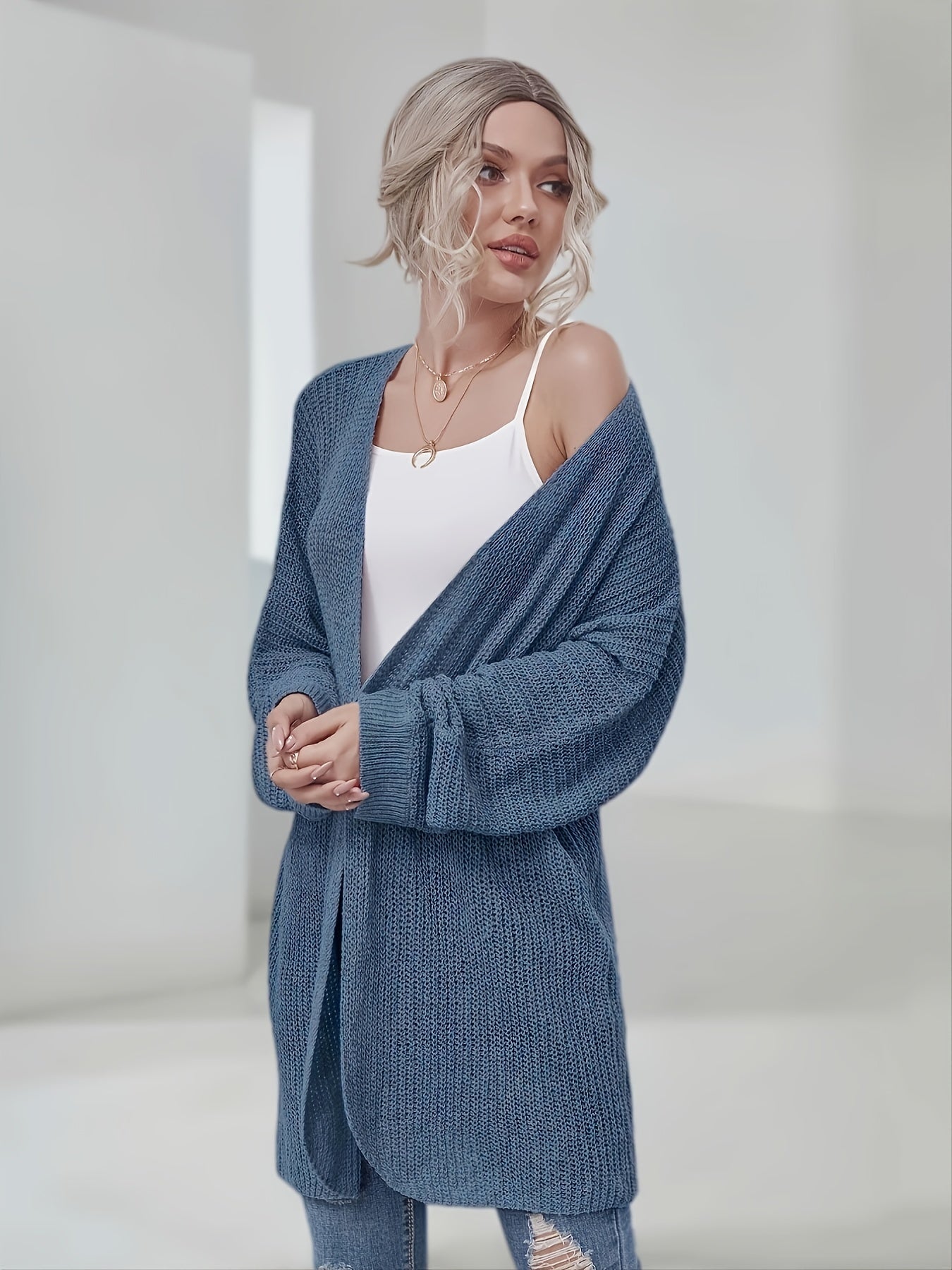 2025 gbolsos  V-neck Loose Solid Cardigans, Casual Long Sleeve Fall Winter Knit Cardigan, Women's Clothing