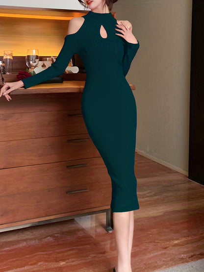 gbolsos  Cold Shoulder Keyhole Dress, Elegant Solid Long Sleeve Midi Dress, Women's Clothing