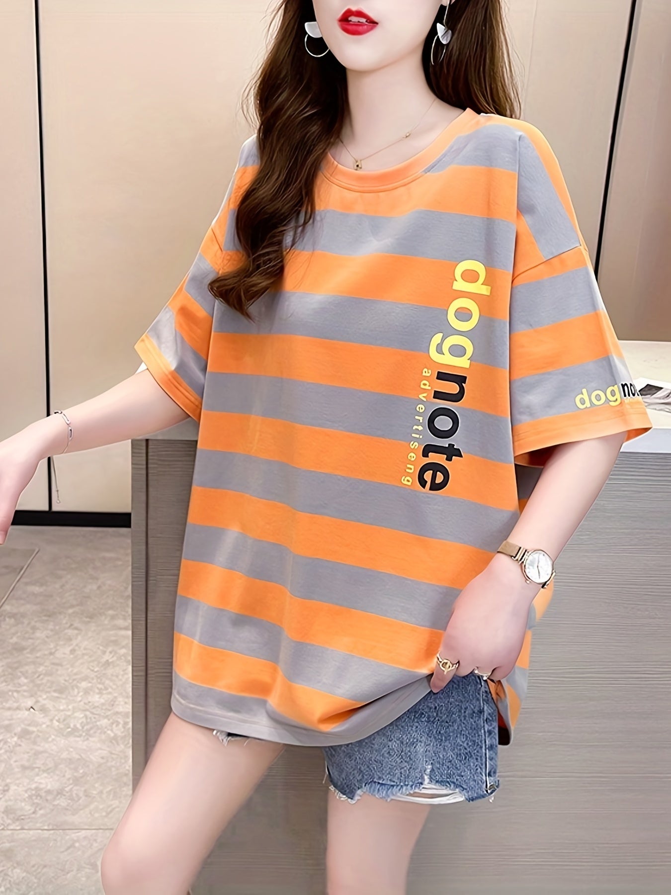 gbolsos  Letter & Stripe Print Crew Neck T-Shirt, Casual Drop Shoulder Top For Spring & Summer, Women's Clothing