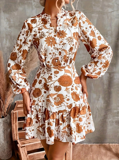 Floral Print Ruffle Hem Dress, Casual Button Front Lantern Sleeve Dress, Women's Clothing
