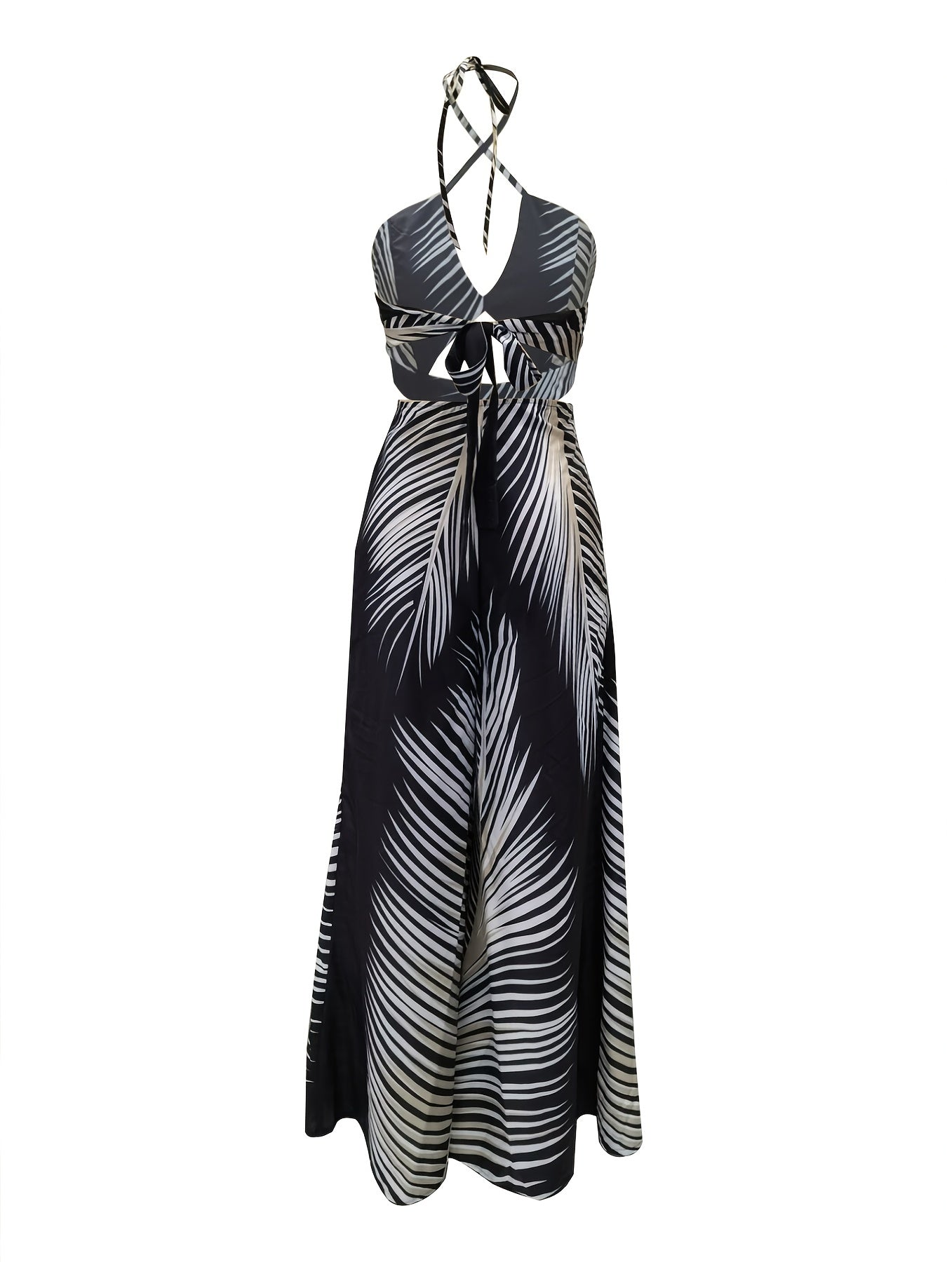 2025 gbolsos  Tropical Print Cut Out Halter Dress, Boho Backless Lace Up Dress, Women's Clothing