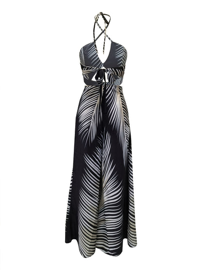 2025 gbolsos  Tropical Print Cut Out Halter Dress, Boho Backless Lace Up Dress, Women's Clothing
