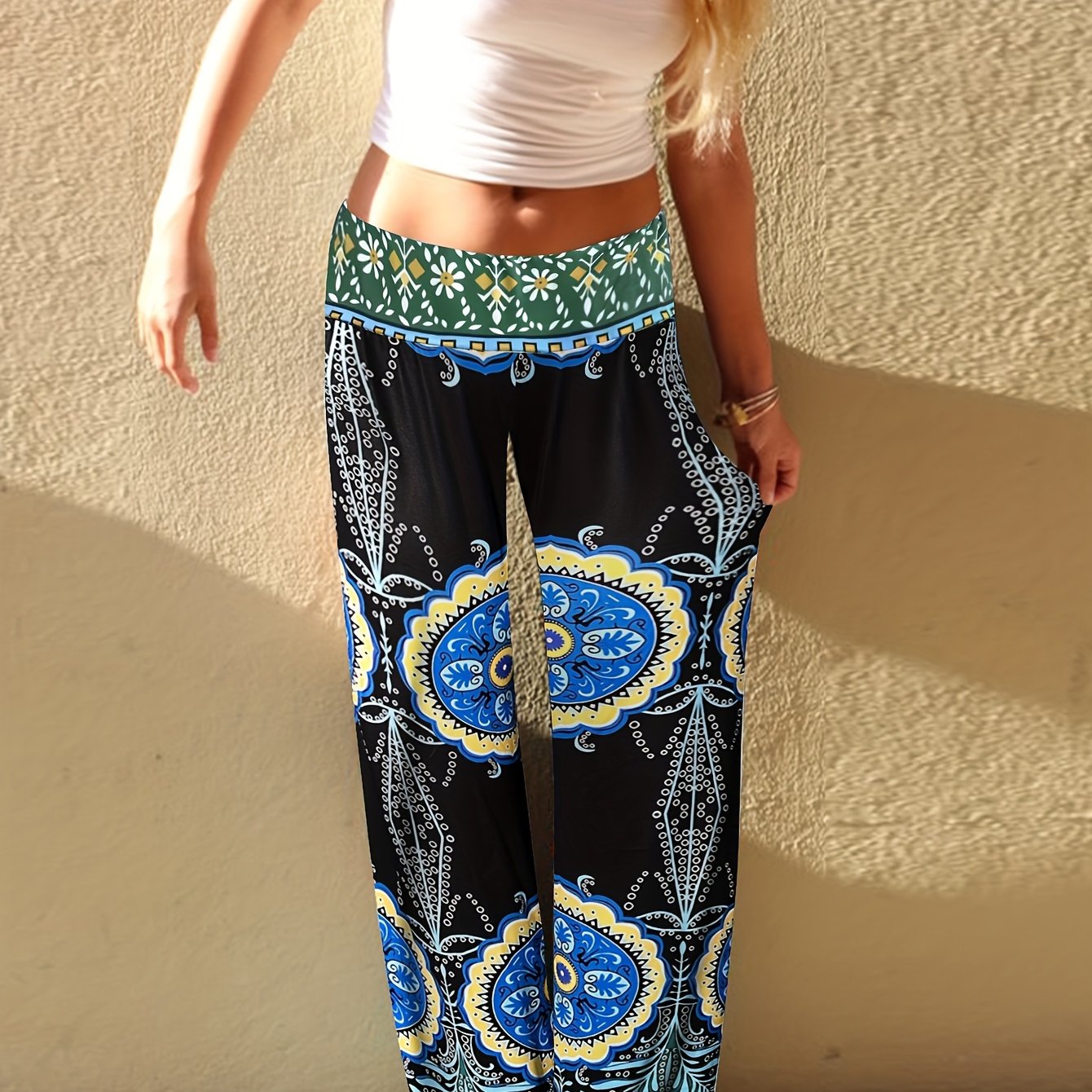 Floral Print Mid Waist Wide Leg Pants, Casual Beach Loose Summer Pants, Women's Clothing