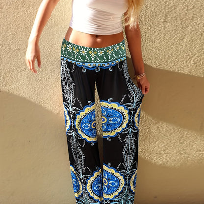 Floral Print Mid Waist Wide Leg Pants, Casual Beach Loose Summer Pants, Women's Clothing
