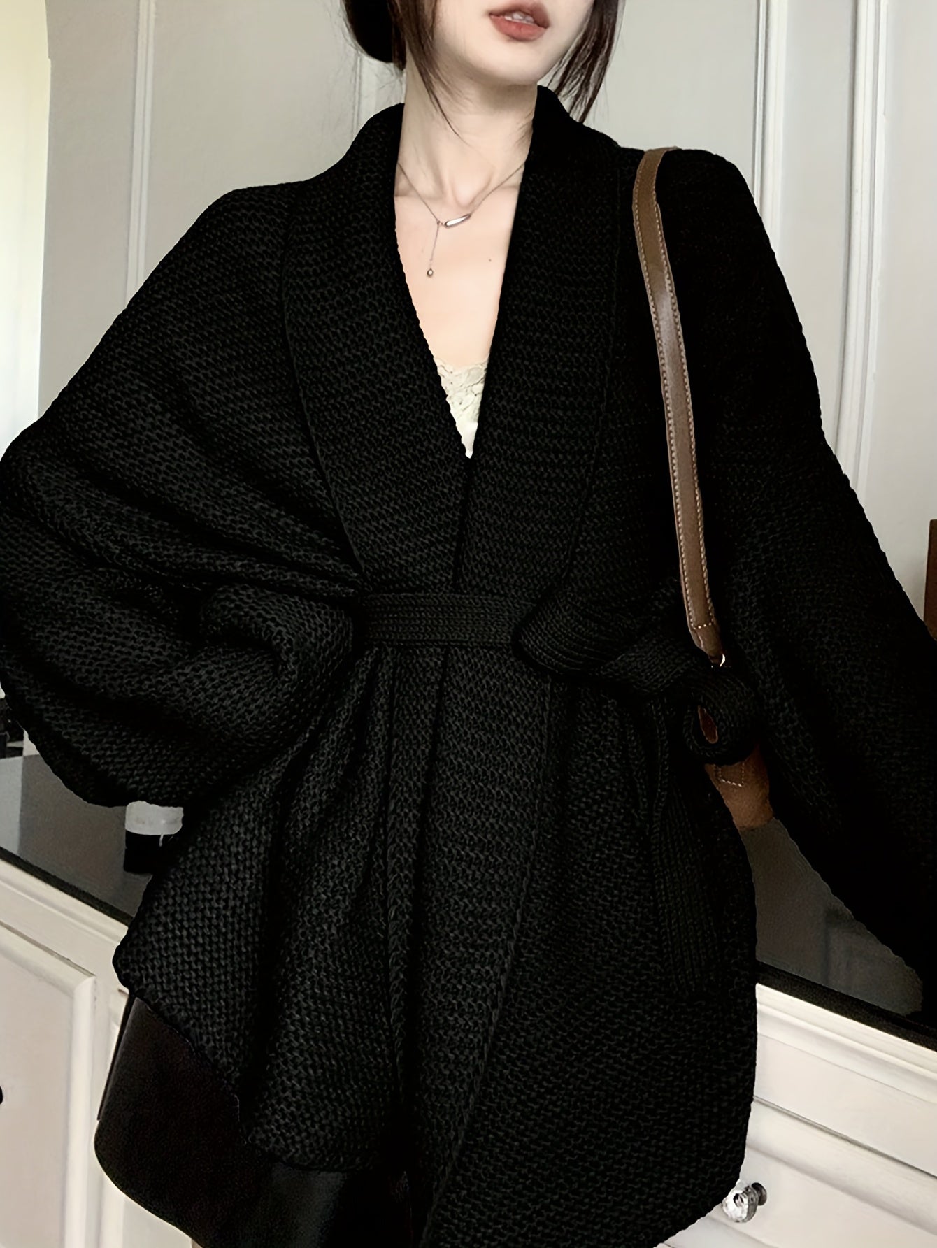 gbolsos  Solid Open Front Belted Knit Cardigan, Vintage Long Sleeve Thick Sweater Coat, Women's Clothing