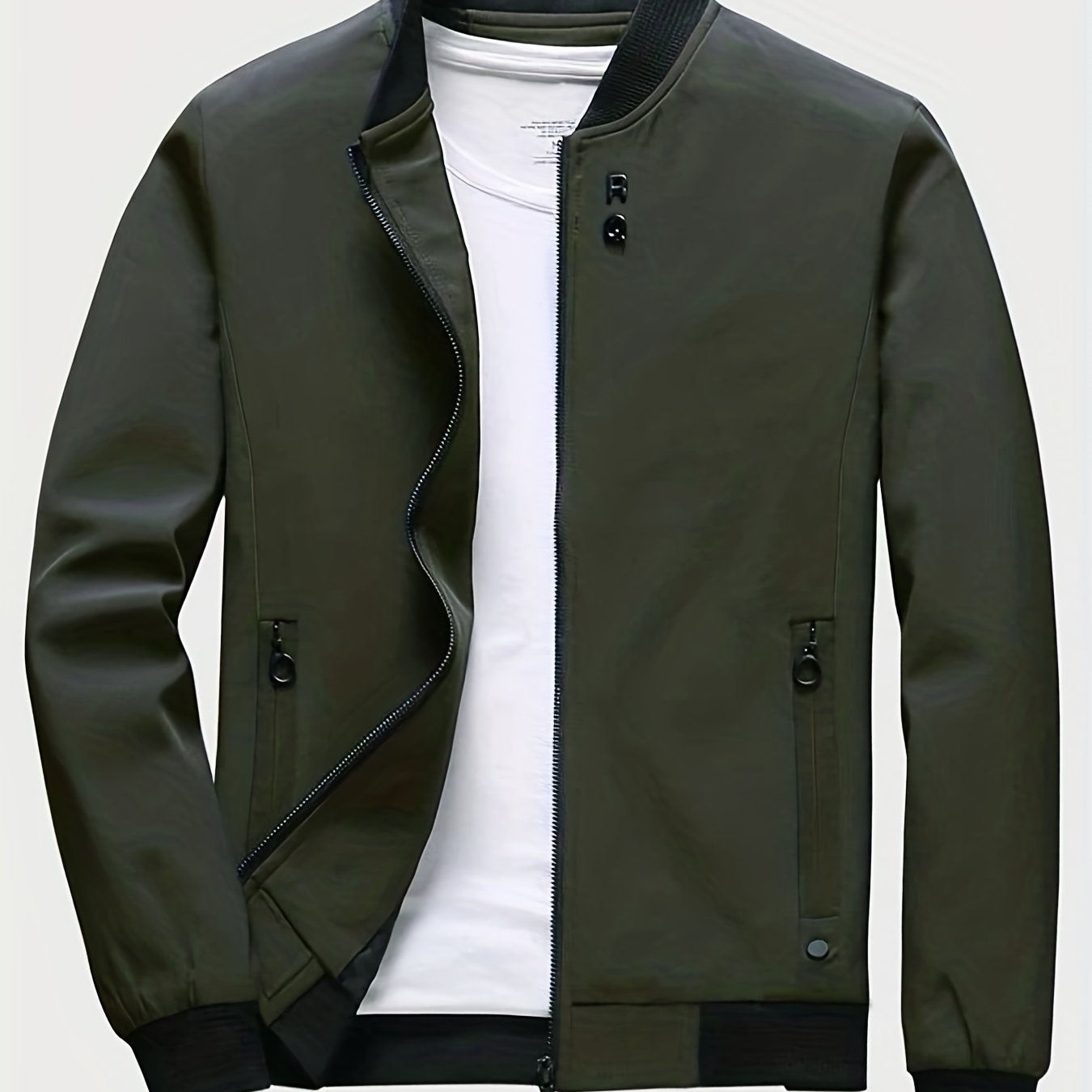 gbolsos  Classic Design Jacket, Men's Casual Zipper Pockets Crew Neck Zip Up Jacket For Spring Fall