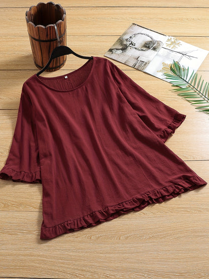 solvbao  Plus Size Casual Top, Women's Plus Solid Lettuce Trim Half Sleeve Round Neck Slight Stretch Top