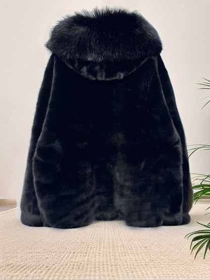 gbolsos Faux Fur Zip Up Hooded Coat, Casual Button Long Sleeve Winter Warm Outerwear, Women's Clothing