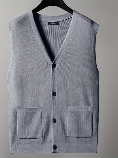 gbolsos  Loose Fit High Stretch Cardigan Vest, Men's Casual Vintage Style V Neck Button Up Cardigan Vest For Fall Winter