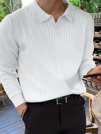 gbolsos Chic Knit Polo Shirt, Men's Casual Stylish Lapel Middle Stretch V-Neck Pullover Sweater For Winter Autumn
