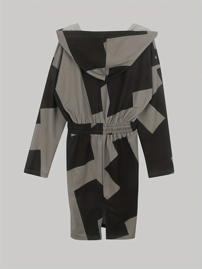 Geo Print Hooded Dress, Casual V Neck Long Sleeve Drawstring Waist Dress, Women's Clothing
