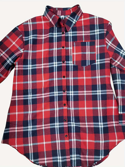 gbolsos  Plus Size Casual Fall Oversized Shirt, Women's Plus Plaid Print Button Front Lapel Collar Long Shirt