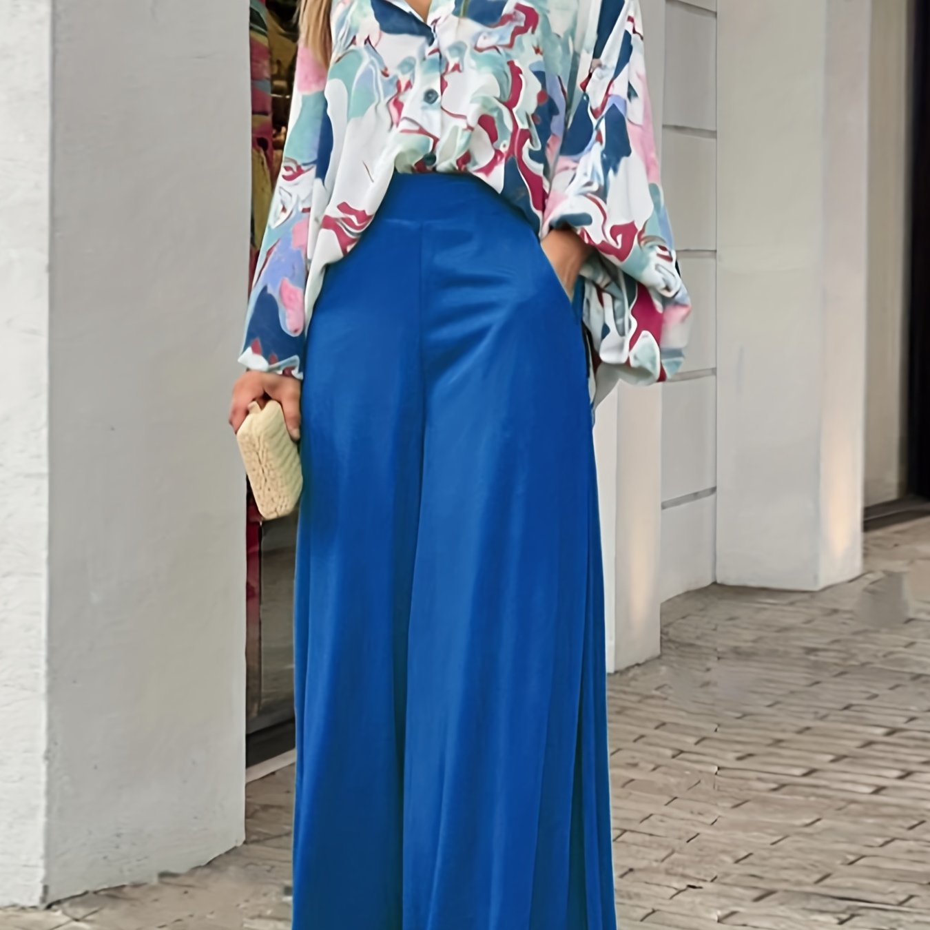gbolsos  Batwing Sleeve Tie Dye Blouse & High Waist Solid Pantsuits