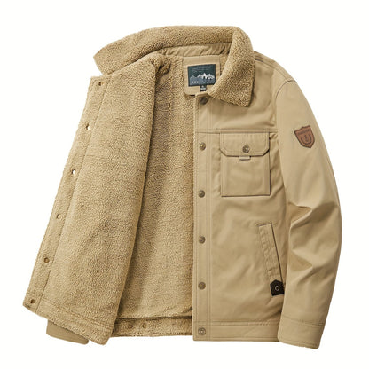 gbolsos  Warm Fleece Windbreaker Jacket, Men's Casual Lapel Multi Pocket Cargo Jacket Coat For Fall Winter Outdoor Activities