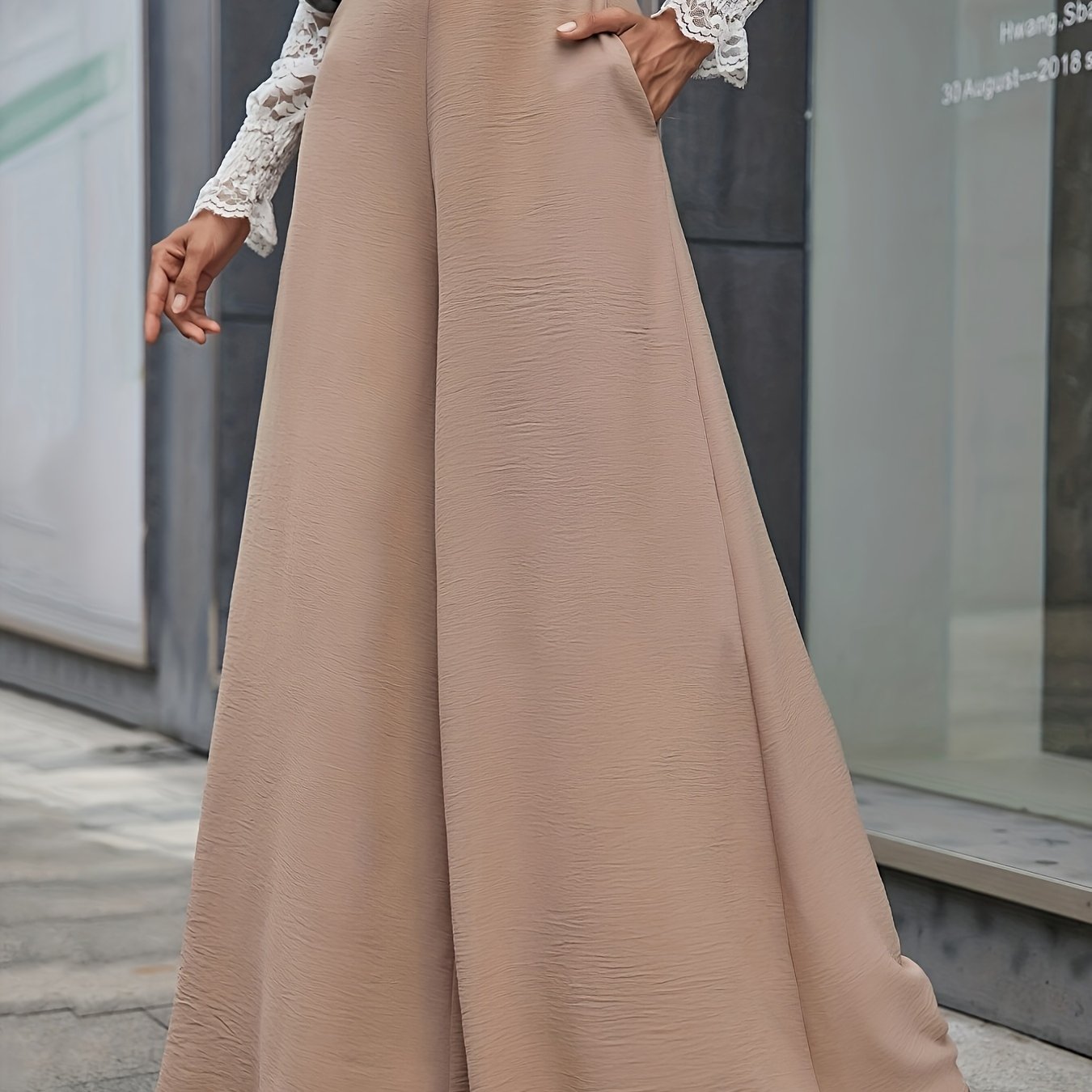 Solid High Waist Wide Leg Pants, Casual Floor Length Slant Pocket Pants, Women's Clothing