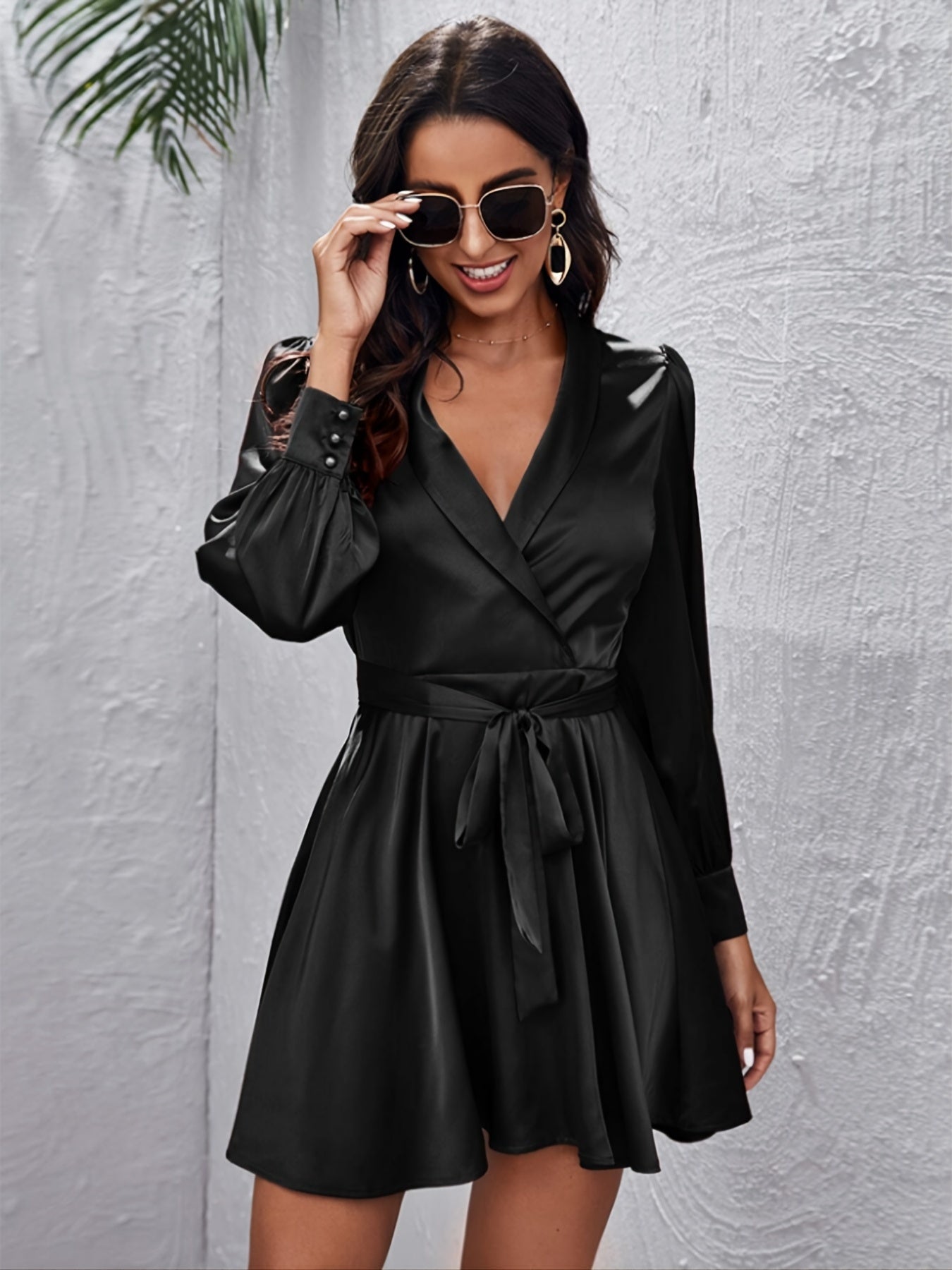 gbolsos  Solid V Neck Long Sleeve Tie Waist Dress, Casual Ruffled Hem Vintage Mini Dress, Women's Clothing