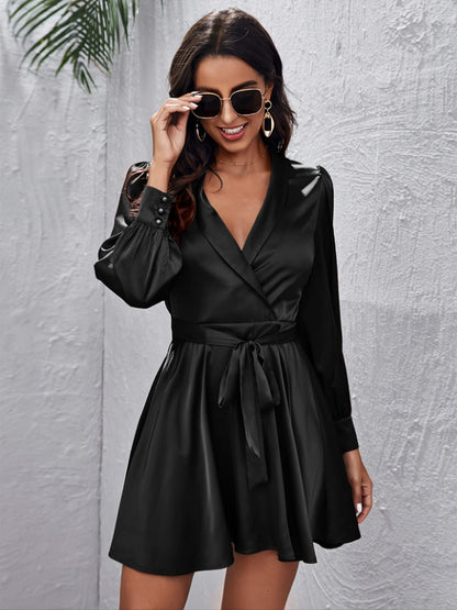 gbolsos  Solid V Neck Long Sleeve Tie Waist Dress, Casual Ruffled Hem Vintage Mini Dress, Women's Clothing