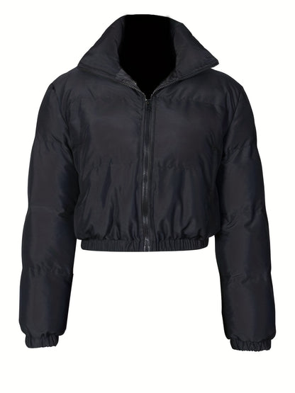 gbolsos  Zip Up Solid Parka, Casual Long Sleeve Winter Warm Outerwear, Women's Clothing