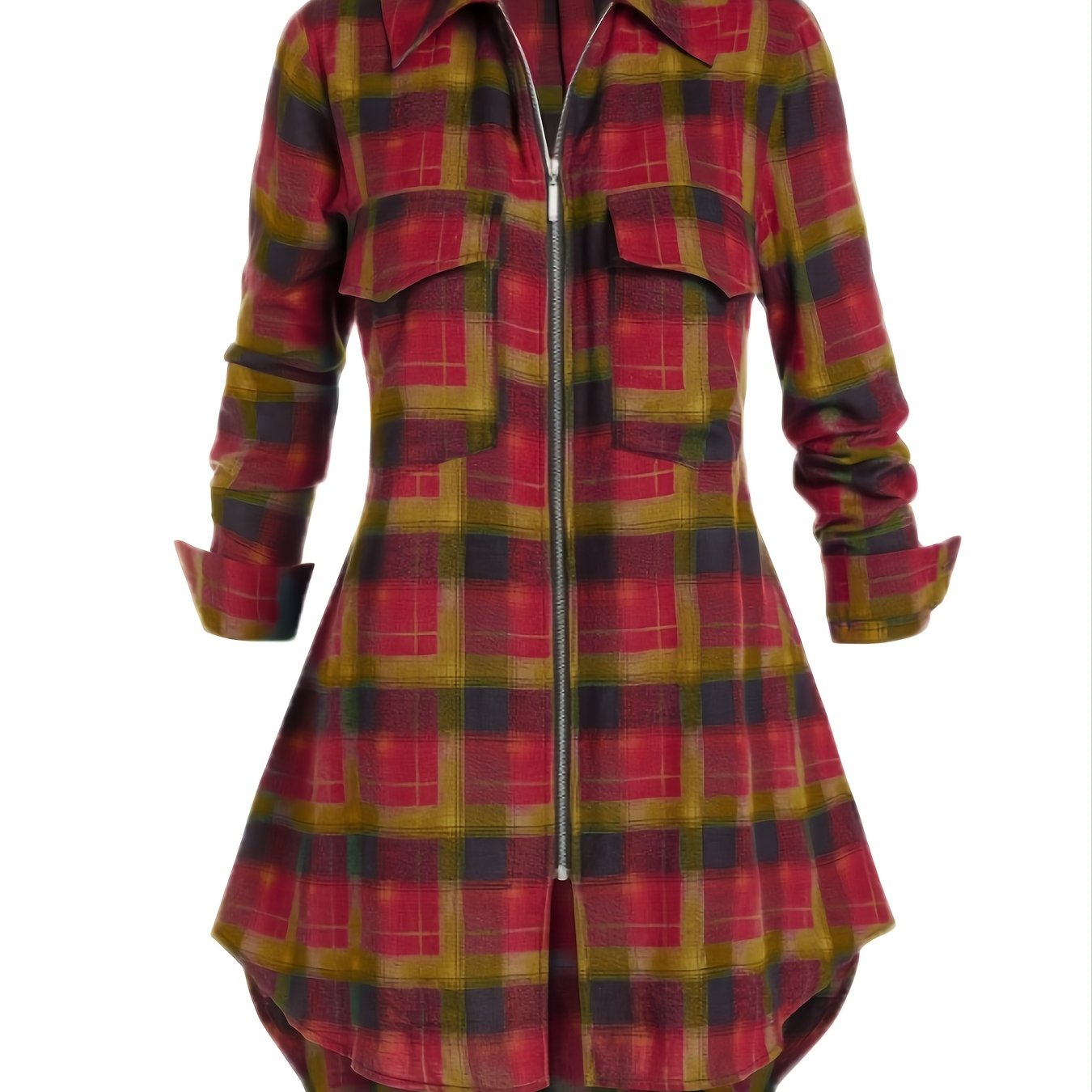 gbolsos  Plus Size Zip Up Plaid Pattern Long Sleeve Longline Shirt, Women's Plus Lapel Collar Casual Longline Blouse