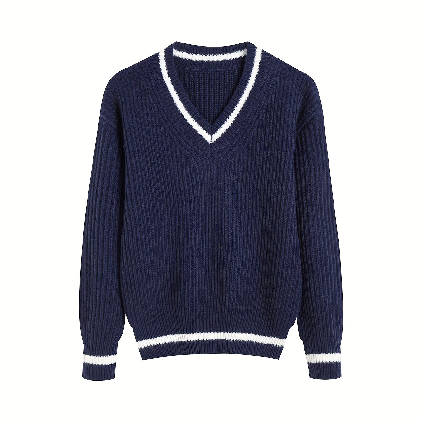 Striped Print Knit Sweater, Casual V Neck Long Sleeve Sweater, Women's Clothing