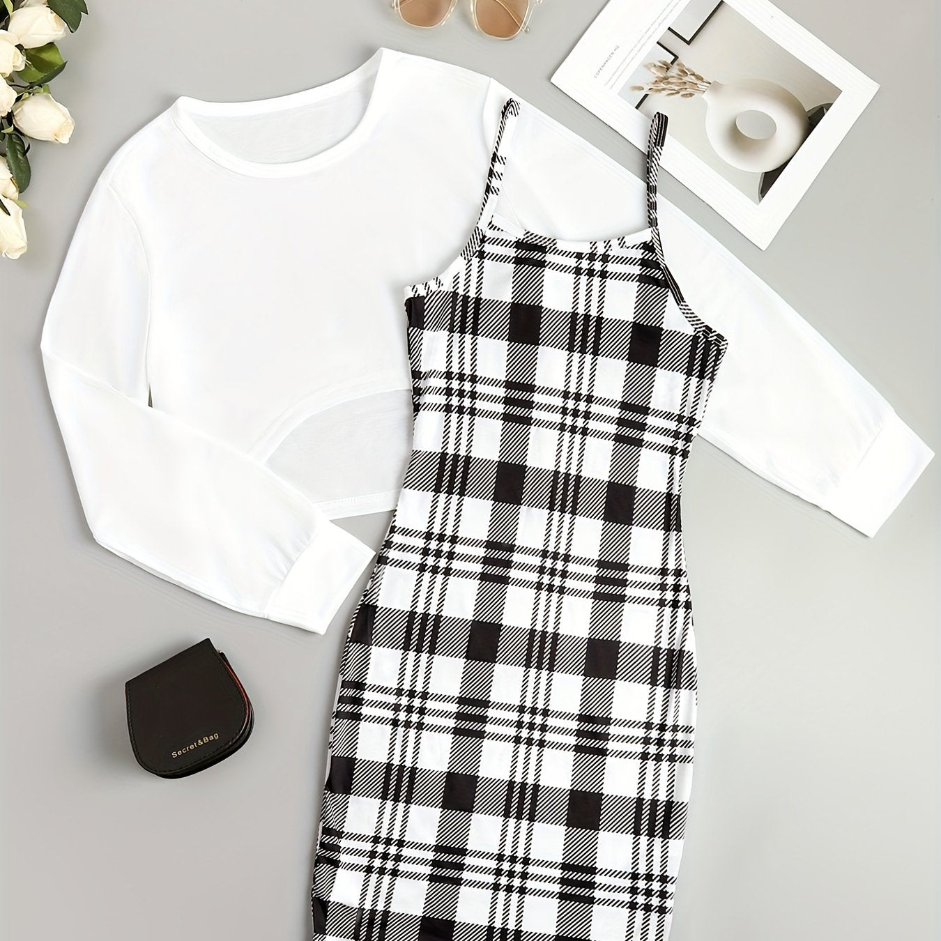 gbolsos  Casual Two-piece Dress Set, Asymmetrical Hem Long Sleeve Crop T-shirt & Plaid Pattern Cami Dress Outfits, Women's Clothing