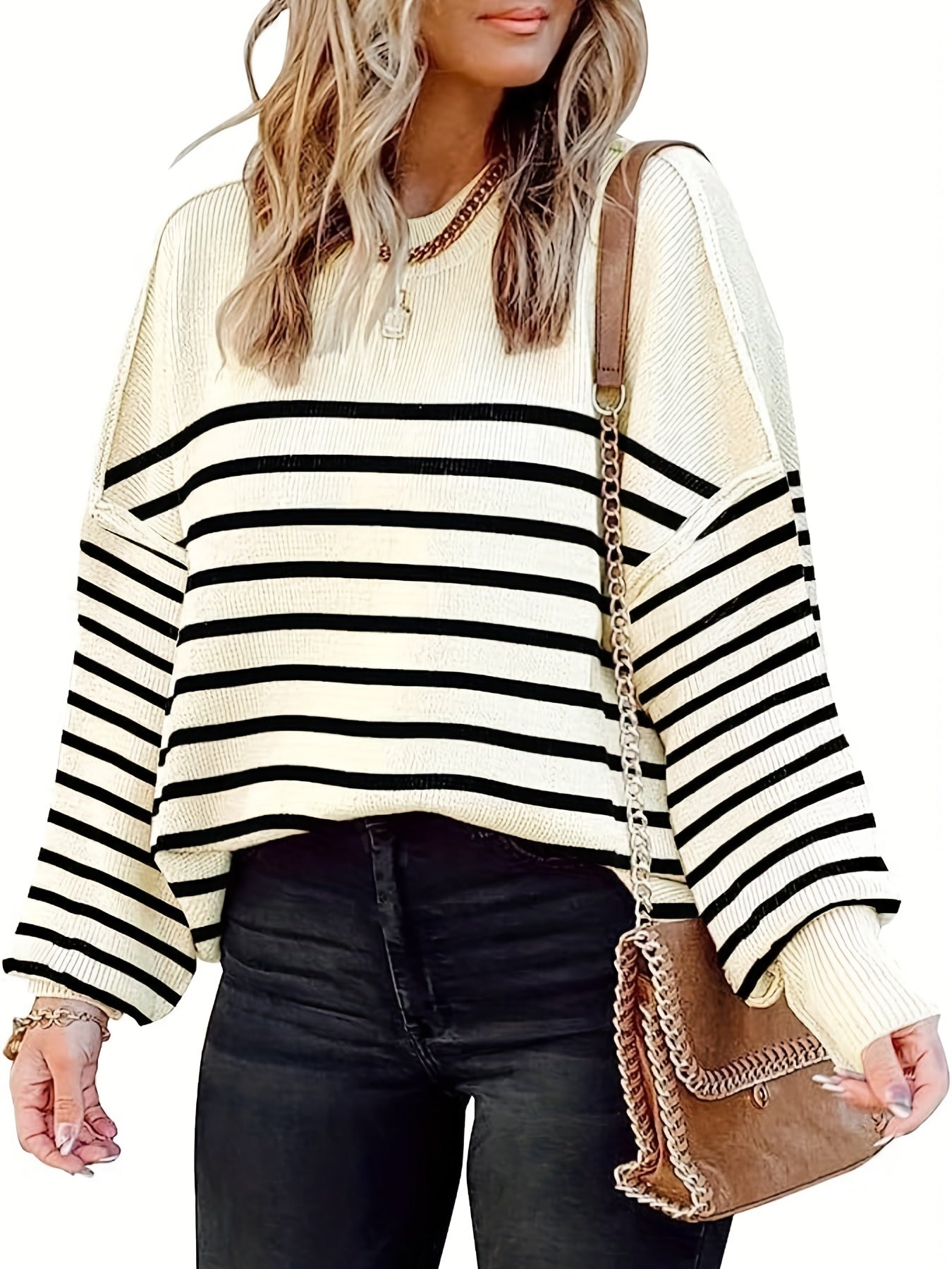 2025 gbolsos  Top Stitching Crew Neck Sweater, Vintage Long Sleeve Sweater For Fall & Winter, Women's Clothing