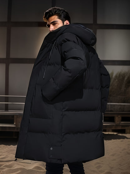 gbolsos  Warm Hooded Mid-length Jacket, Men's Casual Zip Up Cotton Padded Jacket Overcoat For Fall Winter Outdoor