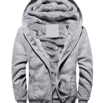 Warm Fleece Hooded Winter Hooded Jacket, Men's Casual Stretch Zip Up Jacket Coat For Fall Winter