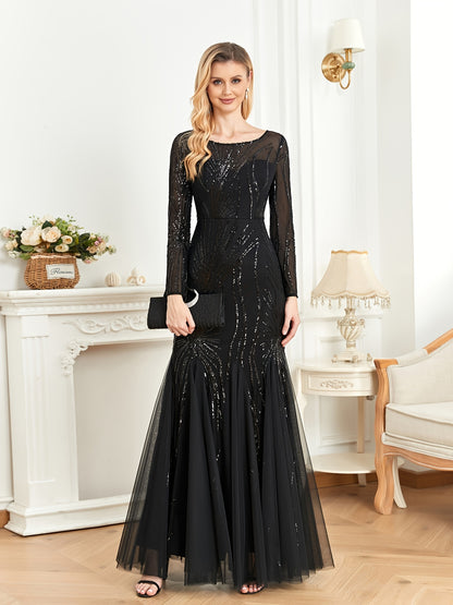 gbolsos  Sequined Ruffle Mesh Splicing Dress, Elegant Long Sleeve Crew Neck Mermaid Hem Dress For For Party & Banquet, Women's Clothing