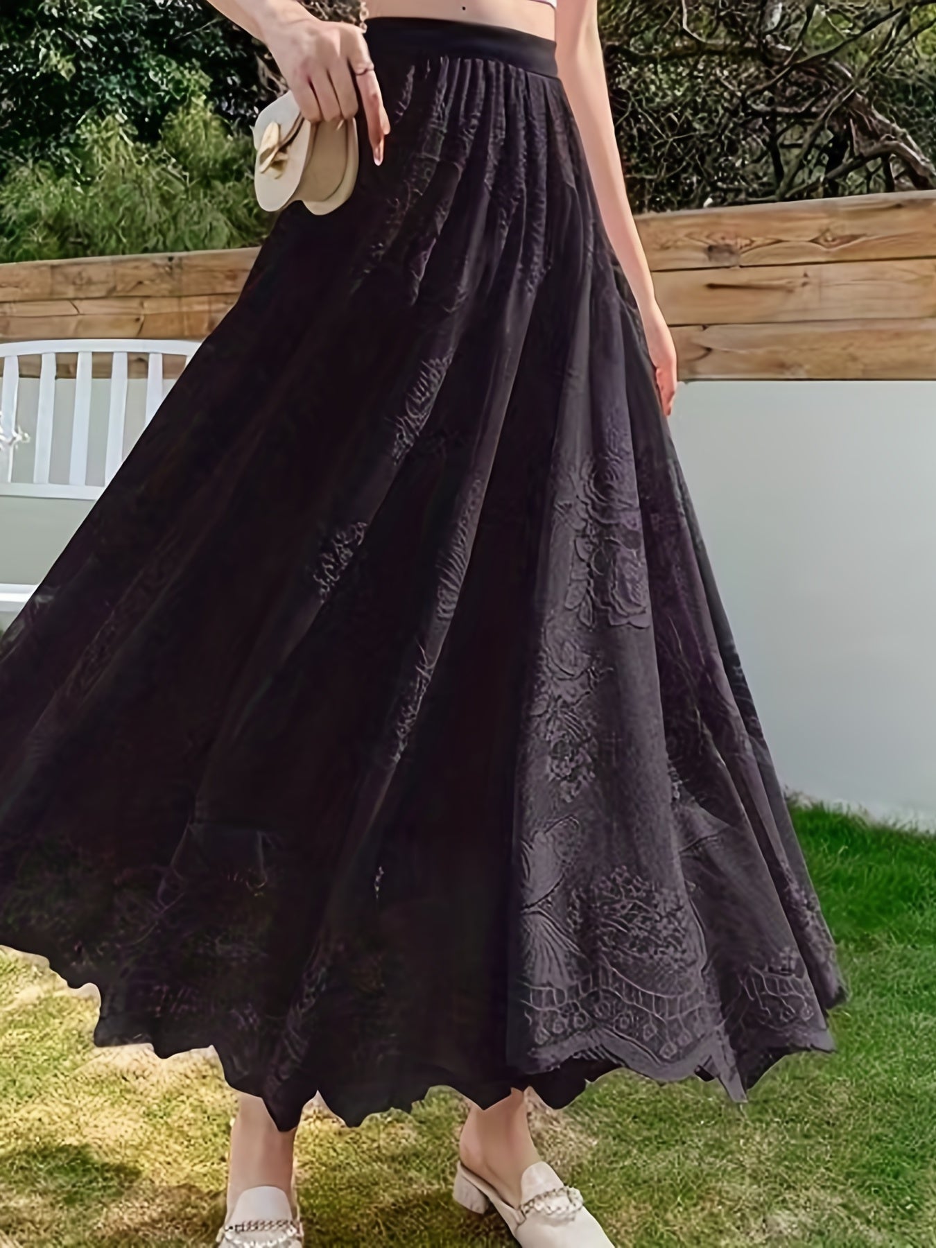 Solid Lace Elastic Waist Skirt, Elegant Skirt For Spring & Summer, Women's Clothing