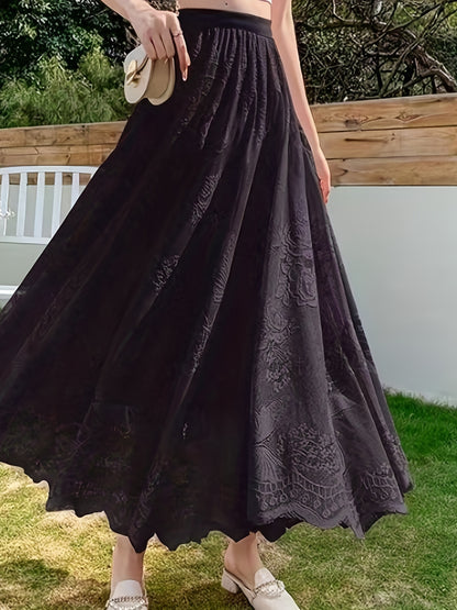 Solid Lace Elastic Waist Skirt, Elegant Skirt For Spring & Summer, Women's Clothing