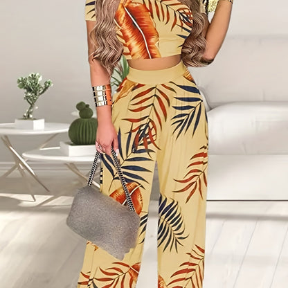 2025 gbolsos  Boho Summer Two Pieces Set, Cropped Solid Short Sleeve T-shirt & High Waist Floral Print Wide Leg Pants Outfits, Women's Clothing