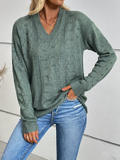 gbolsos  Eyelet V Neck Pullover Sweater, Casual Long Sleeve Sweater For Fall & Winter, Women's Clothing
