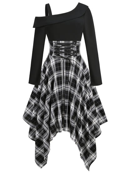 gbolsos  Plaid Asymmetrical Hem Dress, Vintage Cold Shoulder Long Sleeve Dress, Women's Clothing