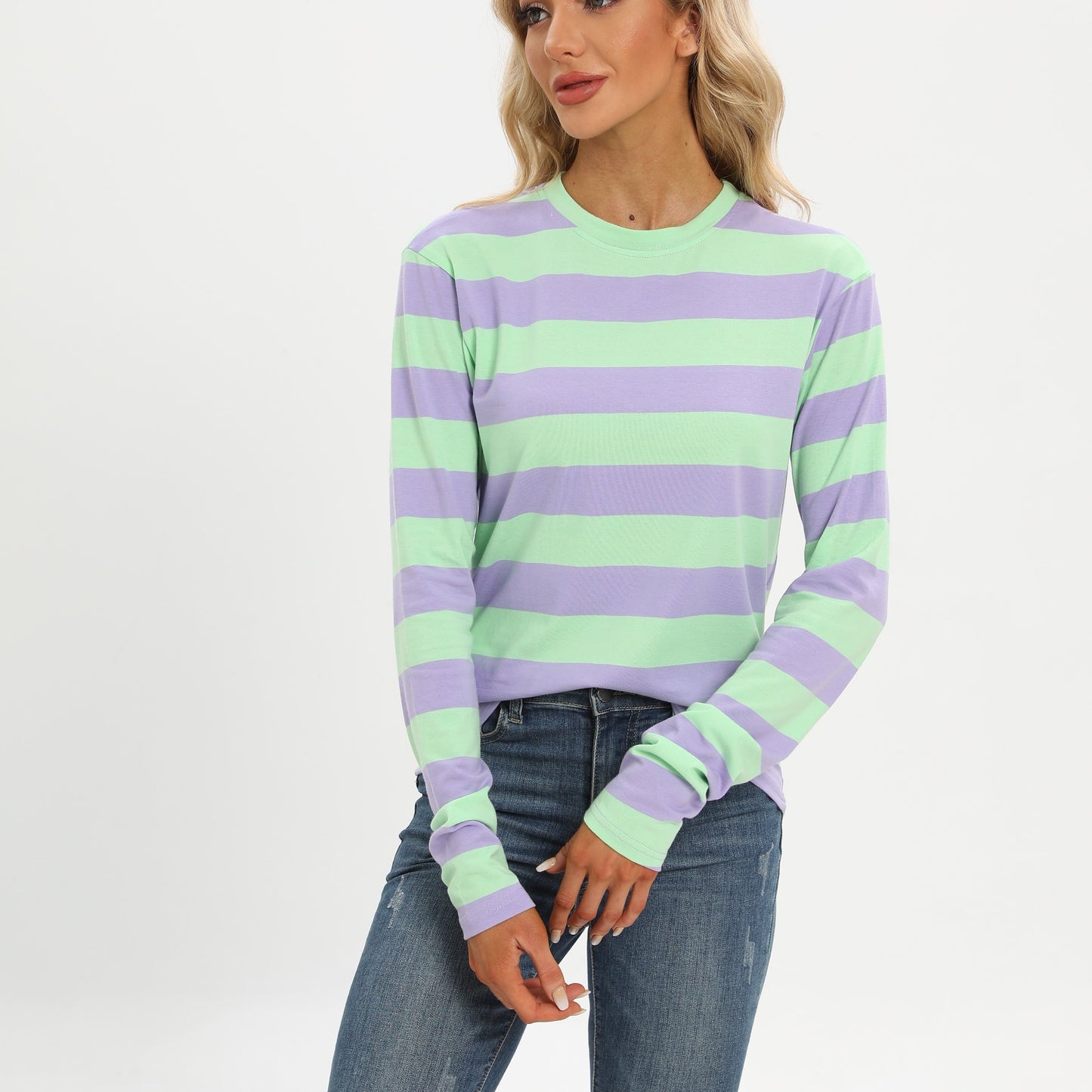 kkboxly  Casual Striped Long Sleeve T-Shirts, Striped T Shirts Crew Neck Tops, Women's Clothing