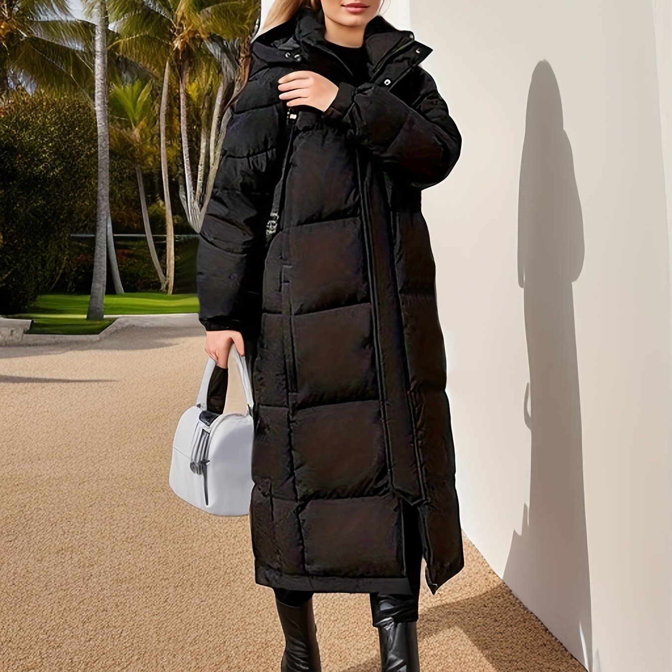 Hooded Mid Length Warm Coat, Casual Solid Long Sleeve Winter Outerwear, Women's Clothing