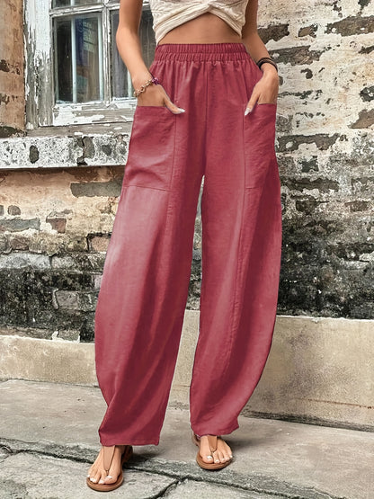 gbolsos  Boho Solid Elastic Waist Harem Pants, Casual Long Length Baggy Pants With Pockets For Spring & Summer, Women's Clothing