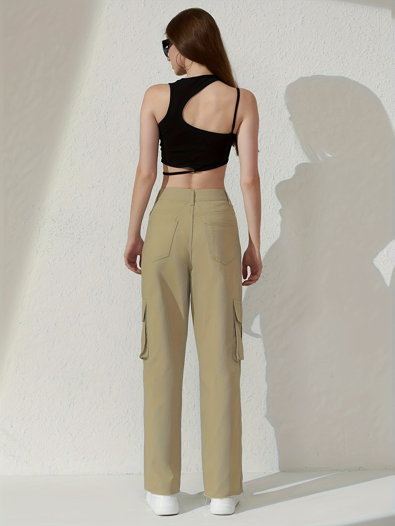 gbolsos  Plain Flap Pockets Cargo Pants, Loose Fit Non-Stretch Y2K & Kpop Style Straight Jeans, Women's Denim Jeans & Clothing