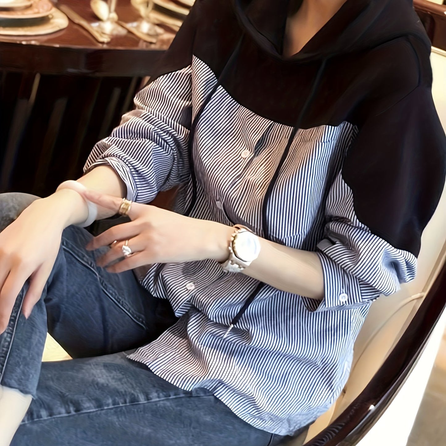 gbolsos  Patchwork Striped Print Button Hoodie, Casual Cuff Sleeve Drawstring Hoodies Sweatshirt, Women's Clothing