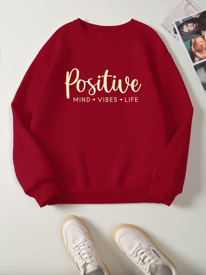 Positive Print Pullover Sweatshirt, Casual Long Sleeve Crew Neck Sweatshirt For Fall & Winter, Women's Clothing