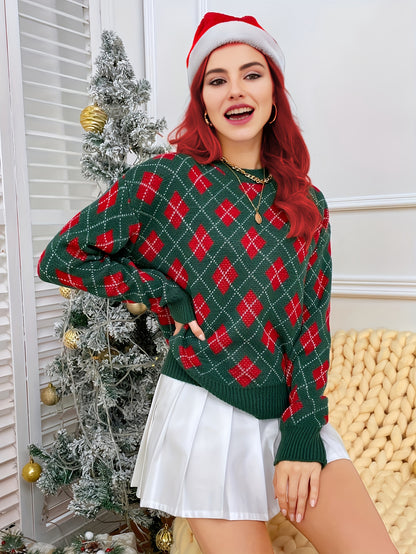 gbolsos  Christmas Pattern Crew Neck Pullover Sweater, Casual Long Sleeve Drop Shoulder Sweater, Women's Clothing