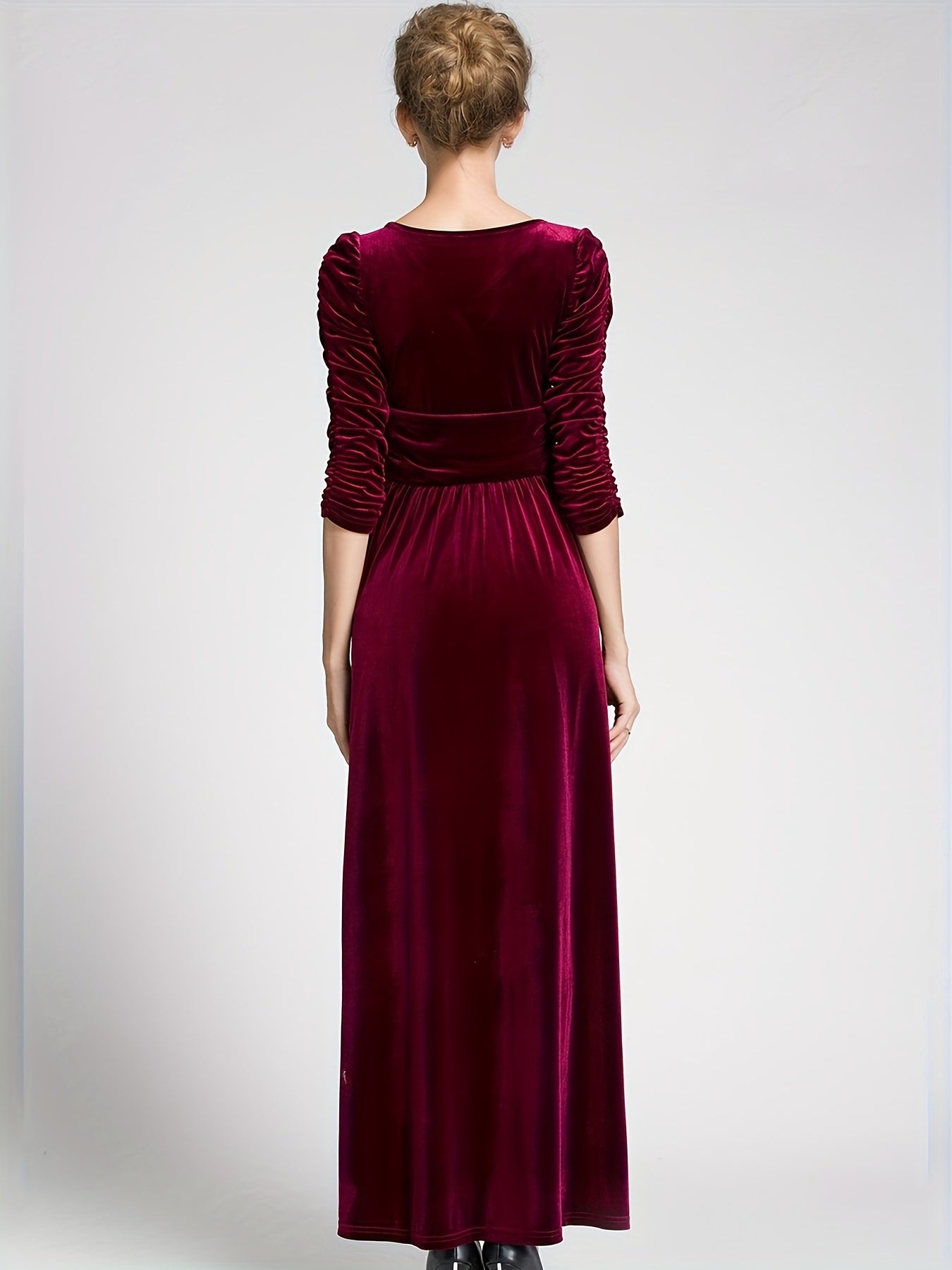 gbolsos  Ruched Maxi Dress, Elegant Solid Evening Party Dress, Women's Clothing