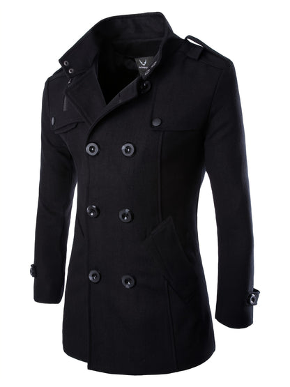 gbolsos  Men's Mid Long Wool Woolen Pea Coat Double Breasted Stand Collar Overcoat Winter Trench Coat