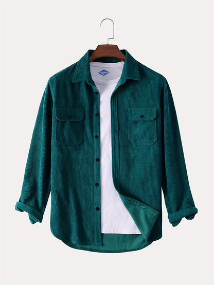 gbolsos  Men's Retro Corduroy Shirt Top Turn-Down Collar Long Sleeve Closure Regular Fit Solid Male Casual Shirt For Daily