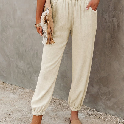 gbolsos  Solid Ruched Pants, Casual Elastic High Waist Cropped Pants With Pockets, Women's Clothing