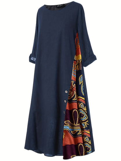 2025 gbolsos  Ethnic Print Splicing Dress, Boho 3/4 Sleeve Crew Neck Maxi Dress, Women's Clothing