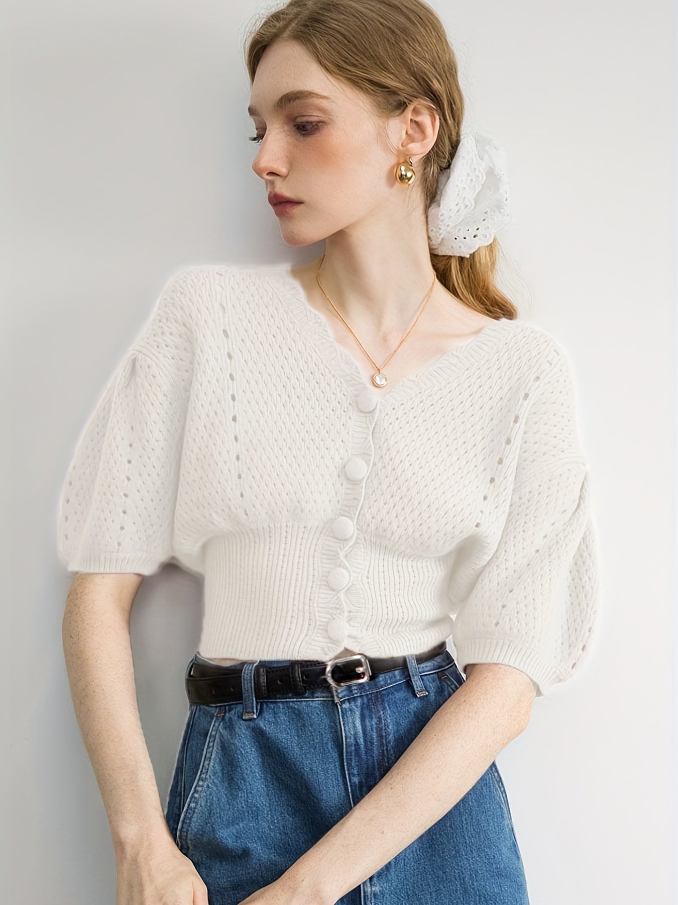 Half Sleeve Crop Cardigan, Solid Casual Sweater, Women's Clothing
