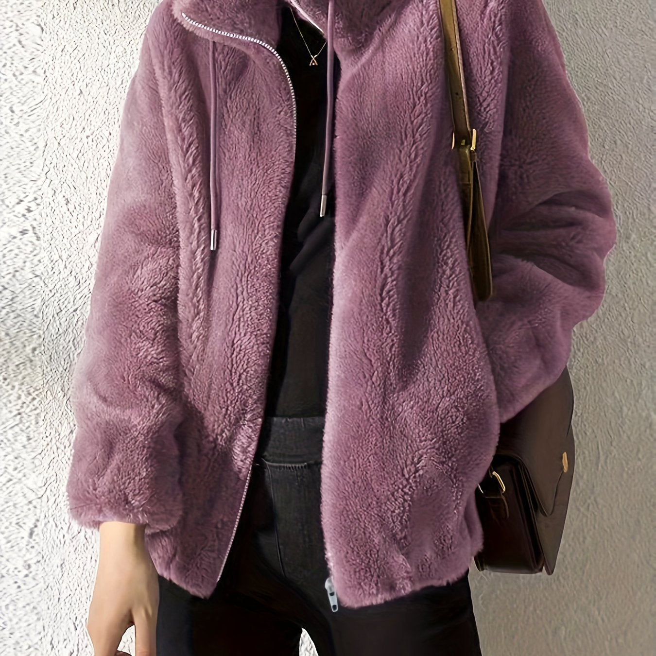 Drawstring Teddy Coat, Casual Zip Up Long Sleeve Warm Outerwear, Women's Clothing