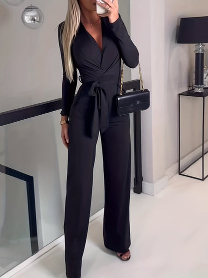 gbolsos  Wide Leg Belted Jumpsuit, Sexy Long Sleeve V Neck Jumpsuit, Women's Clothing