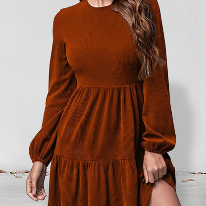 Solid Tiered Dress, Casual Crew Neck Long Sleeve Dress, Women's Clothing